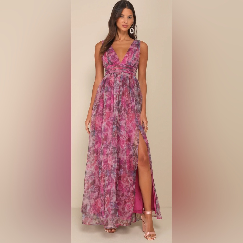Lulus Garden Romance Magenta Floral Print Organza Maxi Dress Sz M